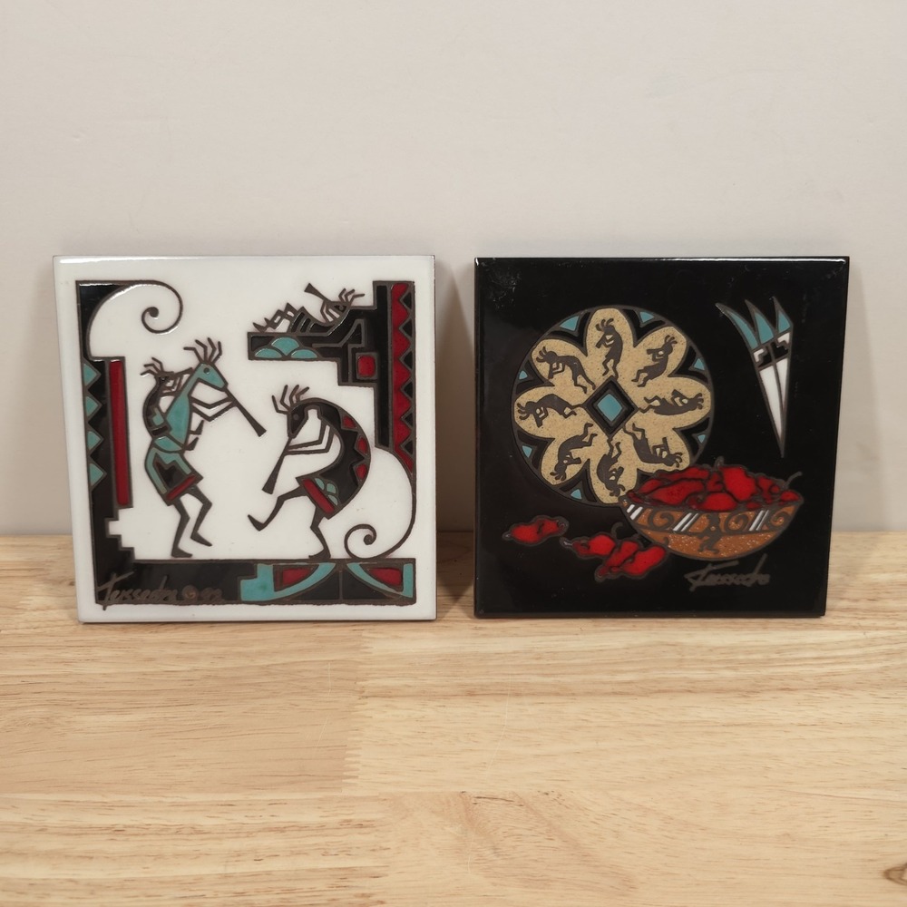 Teissedre Kokopelli Bowl Peppers Tribal Band 6x6 Tile Trivet Plaque Set of 2